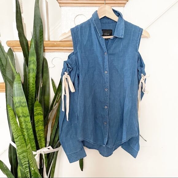 RAILS indigo linen romy blouse cold shoulders tie - Picture 3 of 9